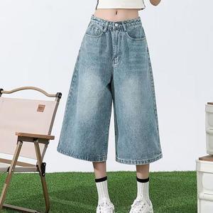 TEMU 여성 여름 얇은 하이웨스트 루즈핏 심플 청반바지 빈티지 캐주얼 일자 7부 데님 바지 슬림소녀 SLIM GIRL