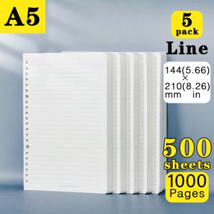 TEMU 5 팩, 500매/1000페이지, A5/B5 루즈 리프 바인더 종이 리필, 휴대용 탈착식 필러 종이 바인더, 노트북 인서트 및 저널, 학생 및 사무용품용 눈 보호 종이