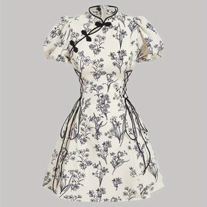 TEMU 조절 가능한 허리 끈 벨트가 있는 여성용 플로럴 드레스, 중국 스타일 만다린 칼라 & 버블 소매 - 핏감 좋은 보디스 & 부드러운 스커트, 여름 캐주얼부터 포멀웨어까지, 꽃무늬 프린트 드레스, 구조적인 보디스, 우아한 디자인, 신부 착용, 가벼운 원단, 성인 의류