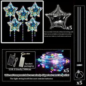 TEMU 5개 별 모양 LED 조명 풍선 - 투명, 반짝이는, 그리고 아름다운, LED 스트링 & 지원 막대, 생일 파티, 결혼식, 고백, 등에 완벽한, 파티 장식 | 반짝이는 풍선 | 내구성 풍선, 생일 파티 장식