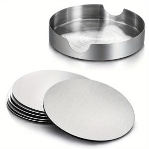 TEMU 6pcs 스테인레스 스틸 코스터 세트(1개 홀더 포함) - 홈, 주방, 사무실, 레스토랑 사용을 위한 내구성, 열 저항성, 세련된 디자인, 주방 필수품 | 현대 코스터 세트 | 내구성 있는 코스터, 홈용 코스터