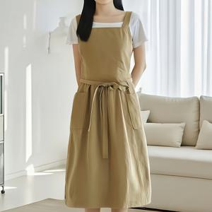 TEMU 1개 여성용 일본 스타일 민소매 주방 앞치마 포켓 포함 - 가벼운 폴리에스터 요리 앞치마 커버 드레스, 조절 가능한 허리 끈 & 프릴 넥라인, 홈 쿠킹, 사무실 작업 또는 캐주얼 착용용, 귀여운 앞치마, 경량 원단, 실용적인 디자인