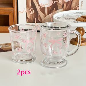 TEMU 2pcs/ 로즈 보우 꽃 유리 컵, 우유 컵, 프랑스 콜드 브루 유리 물 컵, 커피 컵, 아침 컵, 걸리 하트 컵, 가정용, 사무실, 휴일 선물에 적합합니다.