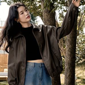 TEMU 여성용 빈티지 스타일 브라운 재킷 - 레트로 모터사이클 스타일, 루즈핏, 긴 소매, 지퍼업 및 라펠 칼라, 가을/겨울에 완벽한 레트로 재킷