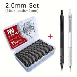 TEMU 2개 펜과 1박스 250/1000개 납심 메카닉 연필 0.3/0.5/0.7/2.0mm 저중력 금속 드로잉 자동 연필, 사무용품 | 개학 시즌 | 저렴한 학용품 | 입구 선물(2개의 펜 + 10박스 납심 + 3개의 지우개)