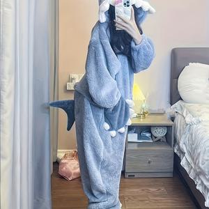 TEMU 가을 겨울 만화 상어 후드 플리스 긴팔 잠옷 원피스, COSPLAY 여성용 두꺼운 보온 및 추가 솜감, 카니발, 할로윈, 음악 축제 등에 적합