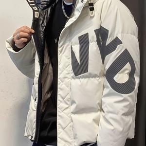 TEMU 겨울을 따뜻하게 하는 포켓이 있는 알파벳 패턴이 있는 캐주얼 후드 재킷, 100% 폴리에스테르 섬유 채움, 스트레치되지 않는 직조 재질, 루즈핏