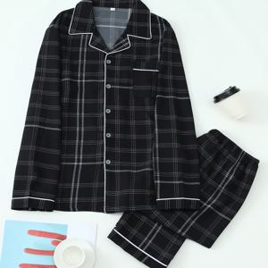 TEMU 남성용 캐주얼 체크 칼라 긴팔과 긴바지 세트. 모든 계절에 착용 가능한 실내복으로 적합합니다.|잠옷|파자마|여름잠옷