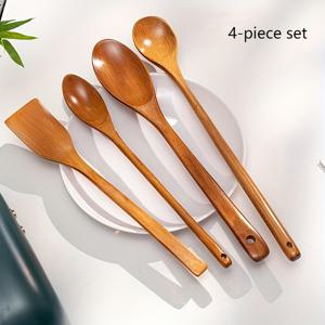 TEMU 일본 스타일 긴 손잡이 나무 숟가락 세트 4개, 33cm/12.99인치, 요리용 긴 숟가락, 내열성 나무 숟가락, 단열 목재 수프 숟가락, 주방 조리 도구, 결혼 선물 바스켓