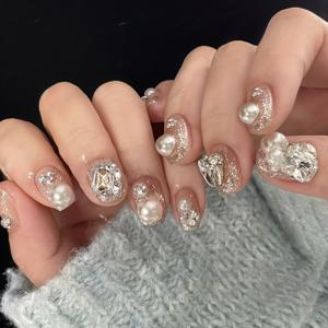 TEMU 24pcs NINA 네일 세트 - 진주 및 라인스톤 액센트가 있는 스퀘어 짧은 길이 글리터 그라데이션 매니큐어, 흰색에서 분홍색 그라데이션, 일상 및 공식 이벤트용 거친 마무리, 네일 액세서리, 이벤트 매니큐어, 고급 네일, 내구성 있는 네일