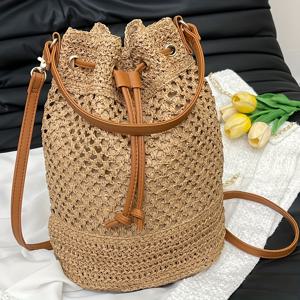 TEMU 퍼펙트 릴리 여성용 여름 직조 버킷백 - 조절 가능한 탈착식 스트랩, 끈으로 묶는 클로저, 가벼운 내구성 합성 소재, 카키/그린 비치, 대학, 캐주얼 외출용