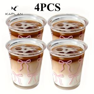 TEMU KAPLAN 4개 우아한 리본 모양 투명 유리 컵 - 내열성 커피, 차, 주스, 우유, 물, 맥주, 디저트 서빙 컵 (리본 디자인) - 가정, 사무실, 카페 사용에 적합 - 재사용 가능 & 손세척 전용 - 완벽한 선물 세트|텀블러