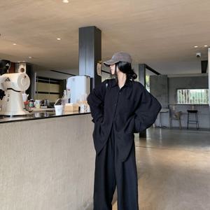 TEMU 여성용 캐주얼 루즈핏 폴리에스터 셔츠와 와이드 레그 팬츠 세트 - 블랙, 레이스업 디테일, 봄/가을에 완벽한 캐주얼 의상|캐주얼 스타일|폴리에스터 소재|냉장고바지|셔츠|옷