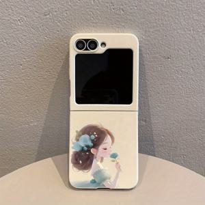 TEMU 5674 블루 로즈 걸 화이트 패턴 TPU 접이식 풀바디 방수 휴대폰 케이스 - 삼성 갤럭시 Z 플립 6, 갤럭시 Z 플립 5, 갤럭시 Z 플립 3 5G 호환, 슬림 가벼운 풀 커버 스크래치 방지 쉘