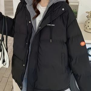 TEMU 여성용 후드 재킷 - 투톤 컬러 블록, 루즈핏 코트, 가을/겨울용 논스트레치 원단, 일상 및 정장용 - 여성 아우터웨어, 캐주얼 아우터웨어, 레이어링 룩, 내구성 있는 구조, 스타일리시 코트, 패션 애호가, H라인 실루엣, 고품질 스티칭, 긴 소매 코트