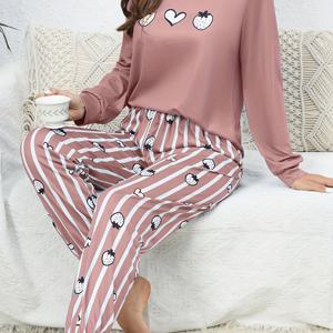 TEMU 여성 귀여운 만화 프린트 파자마 세트, 폴리에스테르 크루넥 긴팔 상의 및 바지, 캐주얼 라운지웨어, 모든 계절 편안한 잠옷