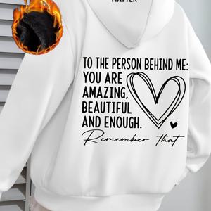 TEMU 여성용 브라운 셀프러브 슬로건 후드 스웨트셔츠 - 긍정적인 문구와 따뜻한 두꺼운 풀오버 후디, 뒷면 프린팅 