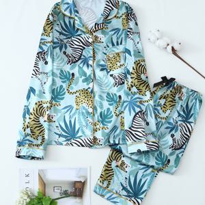 TEMU 여성용 트로피컬 & & 제브라 프린트 새틴 파자마 세트, 긴팔 버튼 래펠 상의 & 바지, 가을 & 겨울을 위한 편안한 느슨한 핏