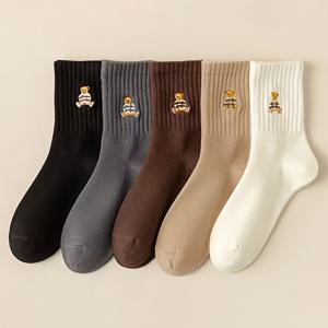 TEMU 여성용 베어 메를로트 미드캐프 양말 5켤레, 가을과 겨울용 두꺼운 따뜻한 타월 양말, 일상 사용에 적합한 패션 단색 카툰 터리클로스 양말