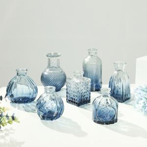TEMU 블루 글라스 버드 화병 7개 세트 - 작은 화병, 느슨한 버드 화병, 귀여운 센터피스 글라스 화병, 웨딩 장식용 미니 빈티지 화병, 테이블 꽃 장식