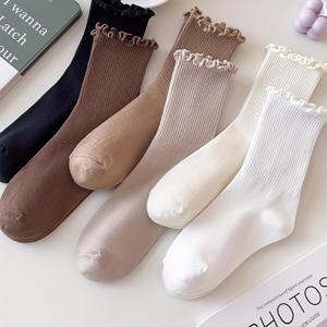 TEMU 6쌍 여성용 따뜻하고 편안한 미드캐프 양말, 러플 트림, 6가지 단색 (블랙/브라운/베이지/화이트/연갈색), 일본 스타일, 가을 & 겨울용 귀여우면서 우아한 캐주얼 및 정장용, 아늑한 홈웨어