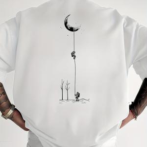 TEMU 남성용 그래픽 프린트 반팔 티셔츠 - 블랙 릴렉스핏 캐주얼 라운드넥, 내구성 있는 폴리에스터 원단, 세탁기 사용 가능한 여름 야외 상의, 달과 나무 디자인 | 가벼운 의류|반팔티|반팔티셔츠