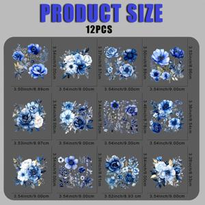 TEMU 12pcs 인디고 블루 꽃 열전달 스티커 - 미리 프레스 필요 없음, 세척 가능한 DIY 아이언 온 데칼, 해군 및 흰색 꽃 패턴, 티셔츠, 청바지, 마스크, 가방, 의류 - 공예, 선물, 의류 장식, 의류 스티커