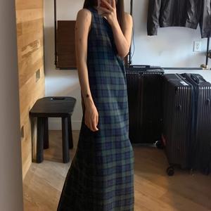 TEMU 여성용 민소매 맥시 드레스 - 네이비 & 틸 체크무늬, 정장 캐주얼 의상 - 우아한 긴 이브닝 가운 - 일본/한국 패션 영감 - 쉬운 관리 시크 파티 웨딩 복장, 결혼식용 드레스, 여름 패션, 부드러운 원단, 고품질 공예, 편안한 착용감, 성인 의류