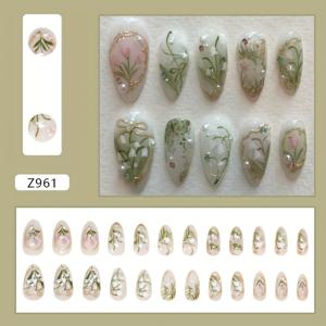 TEMU 24개 쇼트 프레스온 네일 세트, 광택 마감 처리된 녹색 꽃 무늬, 3D 장식 라인스톤 디자인, 탈부착 가능한 스위트 오키드 스타일 팁