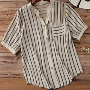 TEMU 여성용 캐주얼 비즈니스 V넥 버튼업 셔츠 - 가슴 포켓이 있는 반팔 블라우스, 경량 여름 오피스 탑, 직장인 및 캐주얼 복장을 위한 기계 세탁 가능한 비침 방지 원단