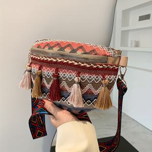 TEMU 1개 여성용 에스닉 태슬 웨이브 벨트 백 - 기하학적 크로스바디 허리백, 카키 지퍼 클로저 & 폴리에스터 안감, 여행/쇼핑/일상 사용, 캐주얼 아웃팅, 태슬 디테일, 내구성 있는 소재, 패션 러버즈를 위한 허리 가방