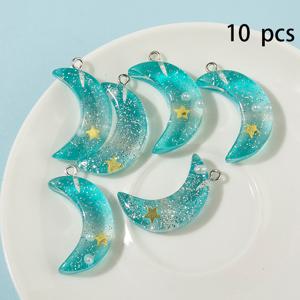 TEMU 10개 블루 레진 별하늘 달 & 별 펜던트 - DIY 주얼리 만들기용 반짝이는 골든 스타 참, 귀걸이, 목걸이, 열쇠고리 공예 재료, 스팽글 마감의 섬세한 장식품