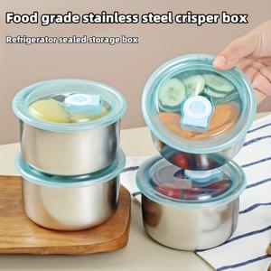 TEMU 4pcs 세트, 원형 스테인리스 누수방지 식품보관용기 - 재사용 가능한 밀폐벤토박스, 과일·채소·간식·샐러드양념에 적합 - 성인 주방의 필수템, 음식저장용기, 미끼정리, 모던키친웨어, 컴팩트디자인, 내구성 있는 소재, 주방필수품, meal preppers, 오피스런치