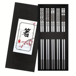 TEMU 5쌍 스테인레스 스틸 젓가락 세트, 재사용 가능한 304 금속 젓가락, 식기 세척기 안전, 레이저 조각된 미끄럼 방지, 요리, 식사, 국수, 새해 선물용 일본/한국 스타일