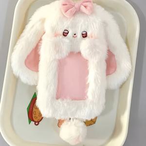 TEMU 1개 귀여운 토끼 모양 플러시 카드 거치대, 핑크 리본 - 부드러운, 만화 영감 디자인, 직장 ID, 식사 및 교통 카드용 - 2.76인치 후면 개방형 보호 커버