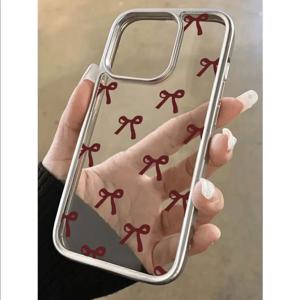 TEMU iPhone15promax/iPhone16pro/iphone15plus/iphone14/iphone13/iphone12/iphone11에 적합한 고급 레드 보우 투명 소프트 쉘 모바일 폰 케이스, 은색 프레임 모바일 폰 케이스 보호