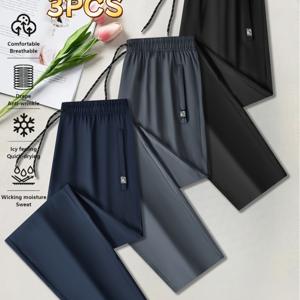 TEMU 세트 3개[3PCS]남성용 운동복 스웨트팬츠 아웃도어 캐주얼 레그 바지 가벼운 아이스 실키 빠른 건조 창의적인 지퍼 포켓 단색 봄/가을/여름 남성용 팬츠