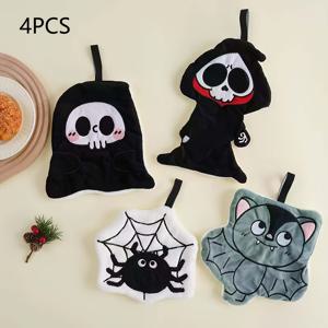 TEMU 4pcs 할로윈 욕실 수건 세트 - 부드러운 마이크로파이버 수건, 재미있는 두개골 & 고양이 디자인, 가정 및 주방 장식에 완벽, 이상적인 할로윈 선물, 할로윈 장식