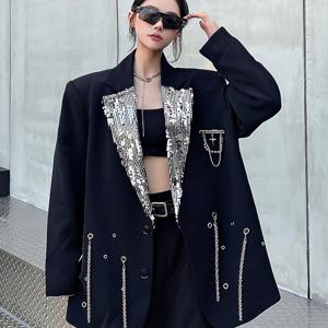 TEMU 여성용 블랙 메탈릭 체인 액센트 포멀 - 스트럭처드 루즈핏 정장 코트, 비탄력 원단, 오피스 & 파티 & 데일리웨어, 에지 프로페셔널 아우터웨어, 패션 코트, 내구성 강화, 파티룩 스탠딩