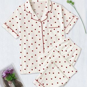 TEMU 여성용 우아한 발렌타인데이 하트 프린트 오픈 프론트 라펠 베이직 반팔 팬티 집업 세트