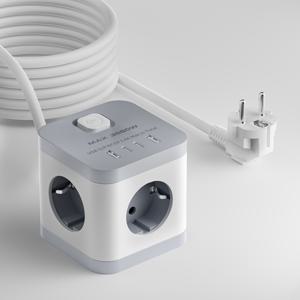 TEMU 다기능 사각형 전원 스트립/소켓, 4개의 USB 충전 포트(2A+2C)가 있는 큐브 전기 소켓/확장선, 키 스위치, 표시등, 16A 3680W 전력 /확장 보드와 1.5m/ 연장 케이블, 멀티 레벨 EU 플러그 전력 국제 여행 어댑터, 가정, 사무실, 호텔, 크루즈 휴가에 적합|멀티탭