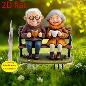 TEMU 2D 플랫 로맨틱 어르신 커플 아크릴 벤치 가든 데코 - 2D 플랫 프린트, 날씨에 강한 야외 장식용, 잔디, 화분, 발코니 - 완벽한 어머니날, 발렌타인데이, 결혼식 장식, 잔디 오너먼트, 하트 모양 디자인, 내구성 있는 플라스틱