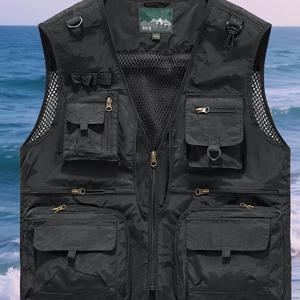 TEMU 다용도 포켓이 있는 남성용 전술 조끼 - 올리브 그린, 내구성 있는 폴리에스터, V넥, 야외 및 낚시용 지퍼 디자인, 캐주얼 착용, 아웃도어 기어 | 기능적 패션 | 폴리에스터 섬유 조끼, 낚시 조끼|남자옷|패션