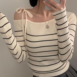 TEMU 여성용 시크한 오프숄더 스웨터 - 긴 소매, 슬림핏, 베이지 & 화이트 수직 줄무늬, 리브드 질감, 가을 & 겨울에 완벽, 캐주얼부터 포멀웨어까지, 캐주얼 겨울복 | 오프숄더 패션 | 건축, 스웨터 드레스, 오프숄더, 가을 여성 의류, 아름다운 스웨터 여성용, 오프숄더 긴 소매|가을원피스