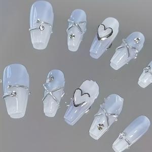 TEMU 10PCS 발레 관형 손톱, 중간 길이 프레스-온 네일 폼, 광택 있는 파란색 그라데이션 및 하트 디자인, 스타일리시한 룩을 위한 수제 스틱-온 매니큐어 세트 - 우아한 아이스 블루 진주 마감|매니큐어