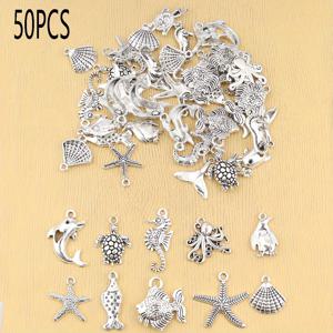 TEMU 50개 랜덤 혼합 합금 해양 생물 펜던트 - DIY 팔찌 및 목걸이 제작용 골동품 은색 조개, 껍질, 거북이, 물고기 & 바다말 모양