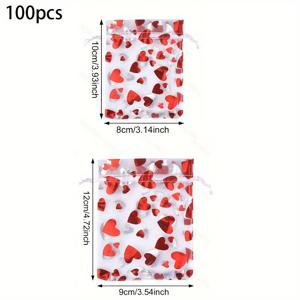 TEMU 100개 하트 모양 메쉬 선물 가방, 끈이 달린 - 보석, 화장품 및 데이 선물에 완벽, 크리스마스에 가장 좋음