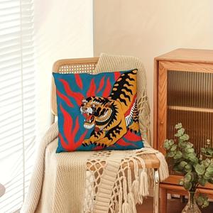 TEMU 1개 호랑이 프린트 쿠션 커버 - 울트라 소프트 폴리에스터, 현대적인 소파 쿠션 케이스 지퍼 클로저, 생동감 있는 레드 & 블랙 디자인, 거실, 침실 또는 사무실 장식용 세탁기 사용 가능, 장식용 베개