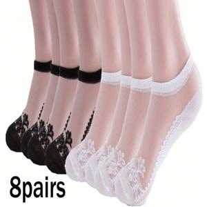 TEMU 봄과 여름을 위한 8 쌍의 얇고 통기성이 좋은 투명한 빈티지 꽃무늬 보트 양말, 부드럽고 편안하며 세련되고 다용성입니다.