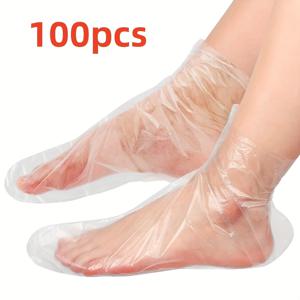 TEMU 100개 세트의 일회용 투명 플라스틱 발 커버, 발 관리를 위한 향수 없는 PE 보습 양말, 발 탈모 치료용 보호자, 감염 예방, 손과 발 수분 보충을 위한 피디큐어 도구